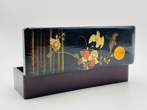 Japanese Laquered Box with Hinged Lid,  Birds Decor, Hand Painted
