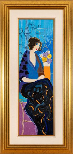ITZCHAK TARKAY, Lady Posing with Flowers, Embellished Serigraph