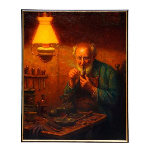 Genre Painting of Old Man with Pipe.