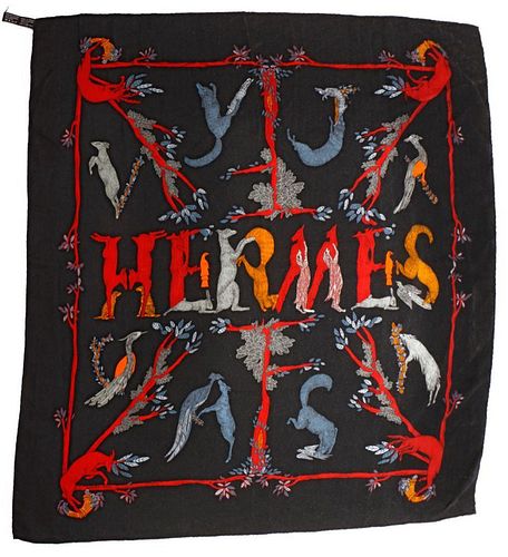 Hermes Paris Silk and Cashmere Forest Animal Scarf.