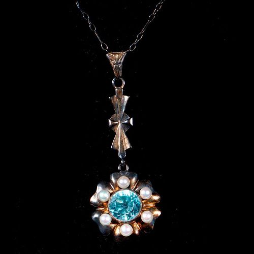 Antique 14k gold, zircon, seed pearl pendant-necklace.