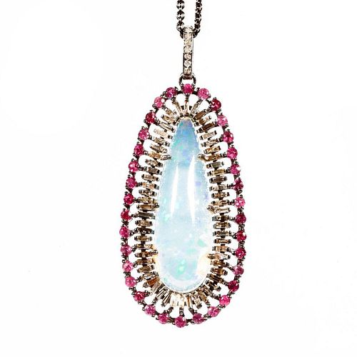 Opal, diamond, ruby and silver pendant with chain.