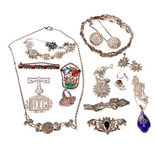 Collection of marcasite and silver jewelry.