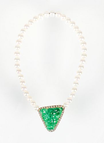 22K Carved Jadeite Pearl and Diamond Necklace