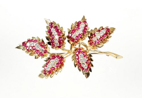 18K Tiffany Diamond Ruby Leaf Pin