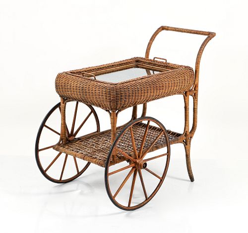 Vintage Wicker Tea Cart with Removable Serving Tray 