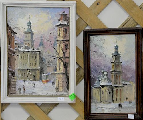 Two oil on board painting Russian Winter, Orthodox Church, signed lower right Indistinctly, 10" x 5 3/4" and 10 3/4" x 7 1/4"