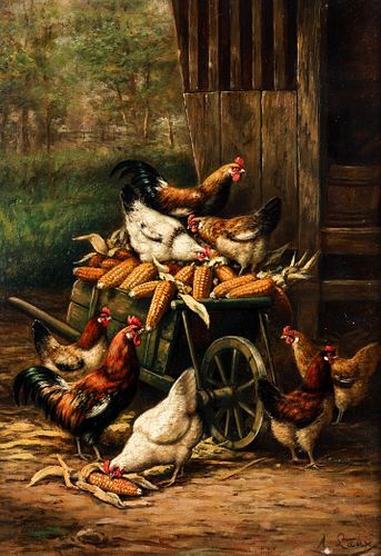 August Laux Chickens in the Corn Oil on Canvas