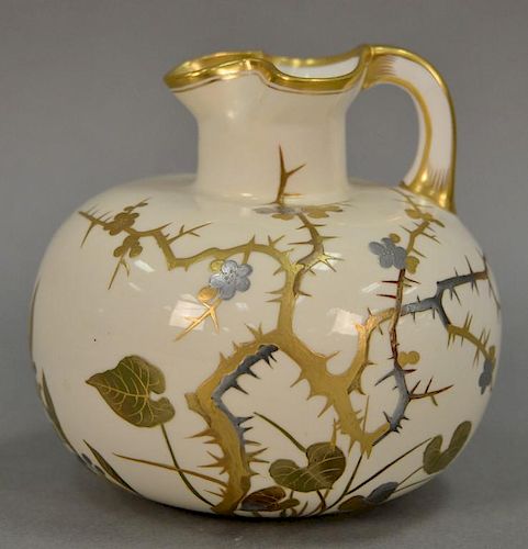 Minton's Mess Caldwell & Co. Philadelphia porcelain ewer hand painted with heavy gold and silver in Japanese style of blossoming tho...
