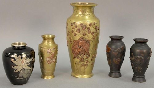 Five bronze vases including pair of multimetal; Oriental style bronze vase with applied copper and brass leaf, flowers, and birds; s...