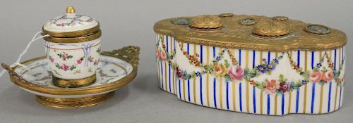 Two French porcelain ink wells including an oblong porcelain inkwell with brass fitted top late 18th to early 19th century and a por...