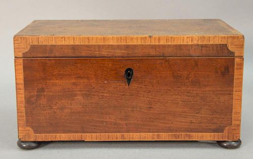 Mahogany inlaid tea box with banded inlaid trim inside and outside, 19th century. ht. 6 1/2in., wd. 12 1/4in.