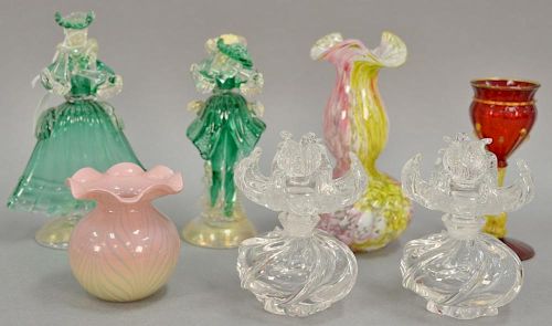 Seven piece art glass group to include a pair of Venetian glass figures (as is), Venetian glass stem, Murano Burmese bud vase, pair...