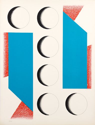 Kumi Sugai 1969 lithograph Blue, Red & Moons