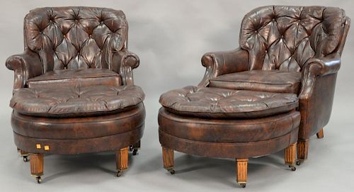Pair of brown leather easy chairs and ottomans.