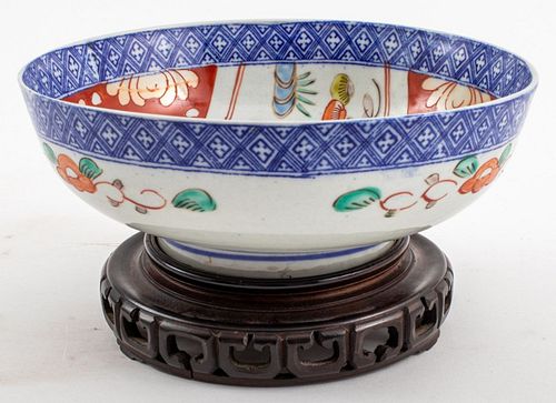 Japanese Imari Porcelain Bowl on Wood Stand