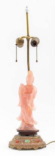 Chinese Rose Quartz Carving Mounted Lamp