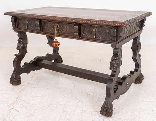Spanish Renaissance Style Carved Oak Desk
