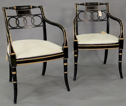 Baker pair of historic Charlestown armchairs with caned seats.