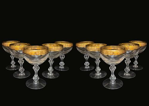 A Set Of Ten 19th C. Westchester By Tiffin-Franciscan Gold Encrusted Band Crystal Wine Glasses