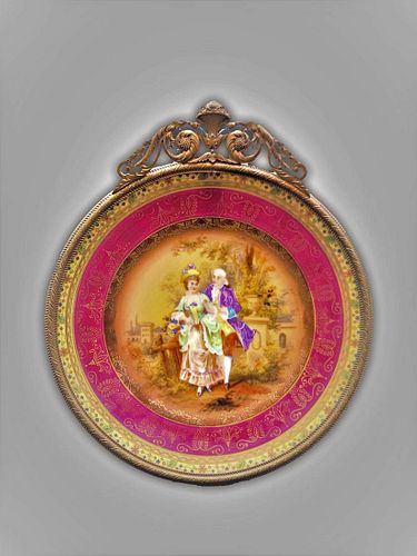 19th C. Hand Painted Bronze Framed Decorative Wall Plate
