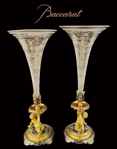 A Pair Of 19th C. Figural Champleve Bronze $ Baccarat Crystal Candlesticks