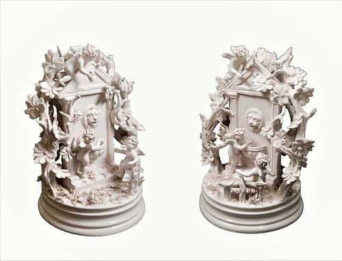 A Pair Of French Biscuit Porcelain Figurine Group Statues