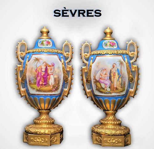A Pair Of 19th C. Sevres Orientalist Hand Painted Porcelain Bronze Vases/Urns