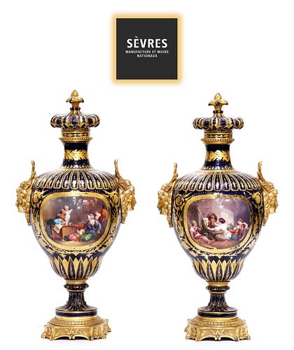 A Pair Of 19th Century Sevres Porcelain Bronze Figural Urns