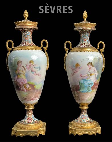 A Pair Of 19th C. French Sevres Hand Painted & Signed Porcelain Bronze Lidded Vases