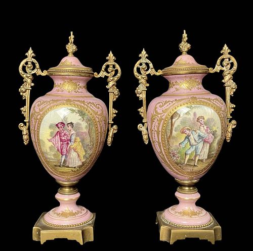 A Pair Of 19th C. French Sevres Hand Painted Porcelain Bronze Covered Vases