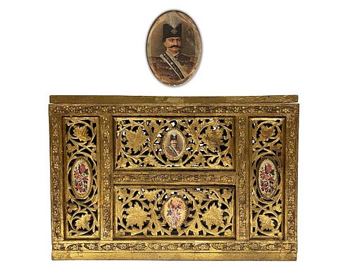 A Persian Qajar Hand Painted Naser al-Din Shah Portrait Wooden Gold Leaf Box