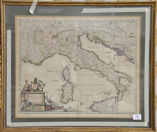 Totius Italia Tabula per Joannem de Ram hand colored map engraving, 17th/18th century, sight size 18 3/4" x 23".