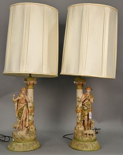 Pair of Royal Dux porcelain figures "Shepherdes" and Shepherd piper standing next to a column, set on ceramic match table lamp base....