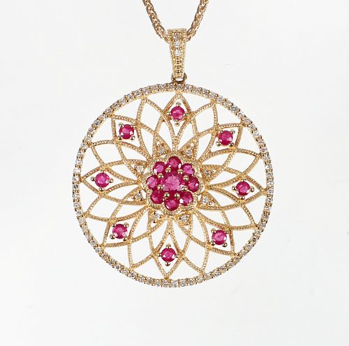 14K Ruby Diamond Floral Pendant Necklace
