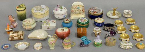 Two tray lots with boxes, trinket and pill boxes, salts, etc. including two Coralene pieces, Dresden box, Lenox shell box, Estee Lau...