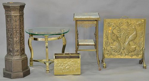 Four piece brass and metal group to include embossed pedestal, embossed brass magazine holder, fire screen, and half round table wit...