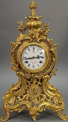 French style brass mantle clock with porcelain dial. ht. 18in.