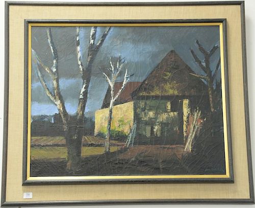 Jean Batail (b. 1930), oil on canvas nighttime landscape of barn, 30" x 36"