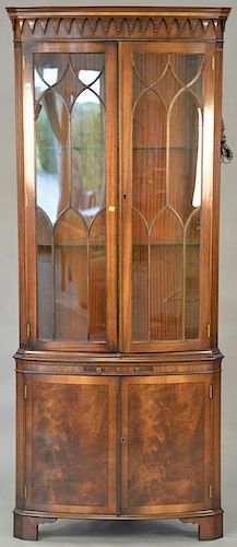 Mahogany corner china cabinet with glass shelves and glazed doors with inside light. ht. 85in., wd. 35in.