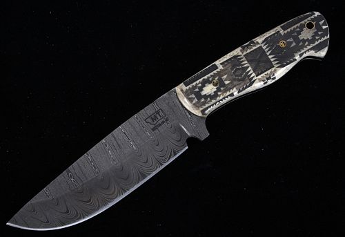 Navajo Pattern Scrimshaw Damascus Knife of Bozeman