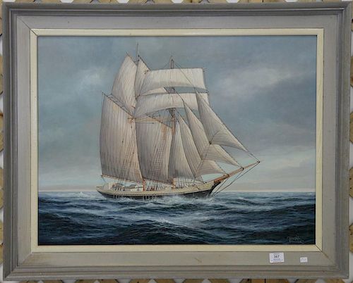 Warren Boucher (1922-1999) oil on masonite, ship sailing out to sea, signed lower right Warren Boucher, with landscape sketch on rev...