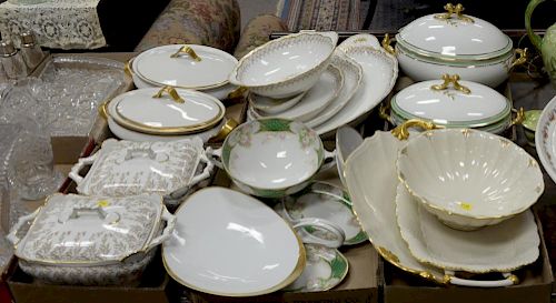 Six tray lots of porcelain serving pieces, trays, bowls, and tureens by KPM, Limoges, Lenox, etc. plus two pitchers, large porcelain...