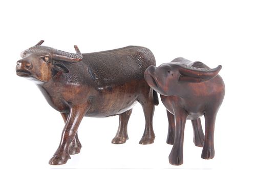 Hand Carved Wood Asian Water Buffalo Figure Pair