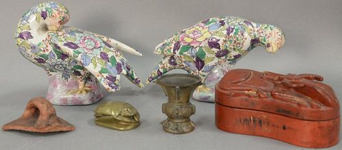 Group of Asian items to include a pair of Japanese enameled painted birds (lg. 12"), small bronze censor, heavy bronze scarab, and a...