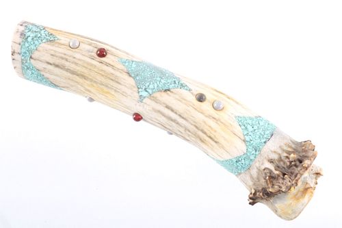 Chipped Turquoise Inlaid & Embossed Antler Tine