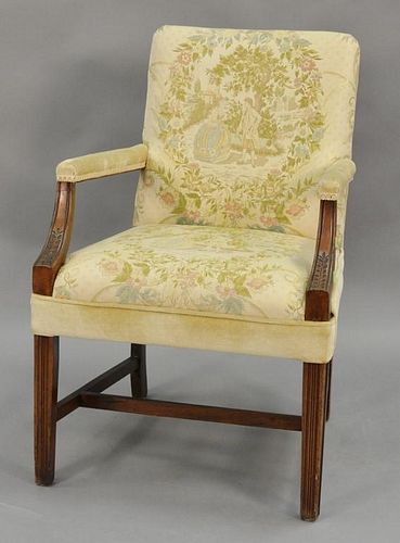 Mahogany Chippendale style armchair with pictorial romantic scene upholstery.