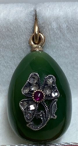 RUSSIAN GOLD, NEPHRITE EGG PENDANT WITH DIAMONDS