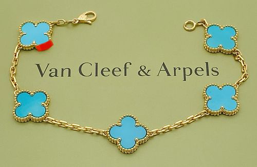 VAN CLEEF & ARPELS 18K YELLOW GOLD VINTAGE ALHAMBRA TURQUOISE BRACELET