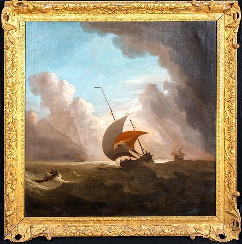 DUTCH OLD MASTER NAVY SHIP IN A STORM OIL PAINTING